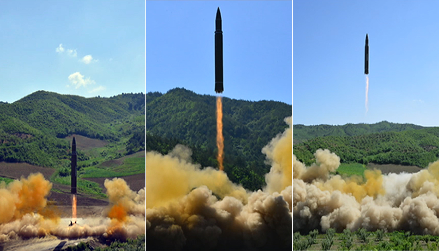 북한 조선중앙TV는 4일 오후 특별중대보도를 통해 대륙간 탄도미사일(ICBM) '화성-14' 시험발사에 성공했다며 ICBM 발사 모습을 공개했다