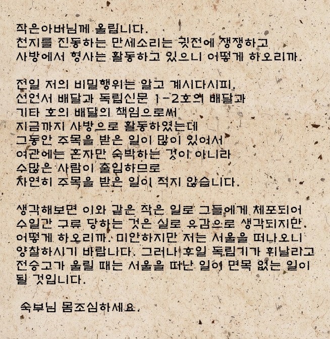 독립을 열망하는 청년의 순수함과 완벽히 훈련되지 않은 운동가로서의 순박함을 동시에 느낄 수 있다.