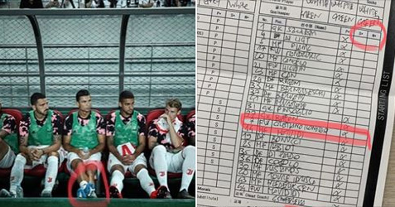 축구화를 신고 유벤투스 벤치를 지킨 크리스티아누호날두. 선수명단에는 교체선수로 표시됐다.