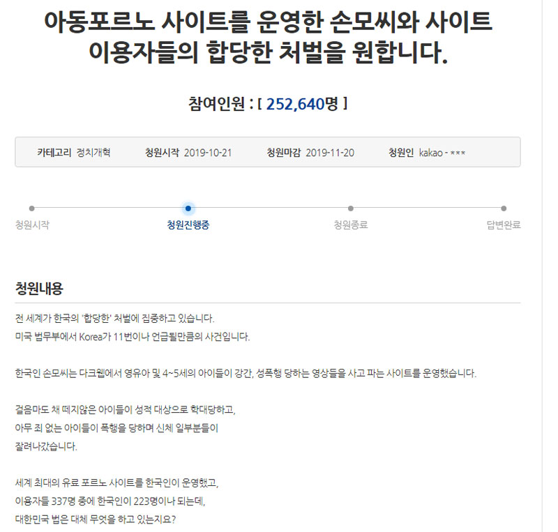 10월 21일 청와대 국민청원에 ‘아동포르노 사이트를 운영한 손모씨와 사이트 이용자들의 합당한 처벌을 원합니다’라는 글이 올라왔다.