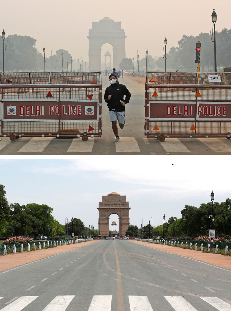 위쪽의 2019년 10월 28일 사진과 아래쪽의 4월 20일 사진을 비교해보면 코로나19 사태로 경제활동이 크게 줄어든 이후 인도 전역의 대기 오염이 크게 줄어들었음을 보여준다. 인도 뉴델리의 인디아 게이트 앞.