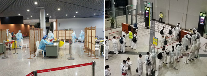 프놈펜공항 입국장 검진대(왼쪽)와 프놈펜공항 출국장(청도행 승객 관리)