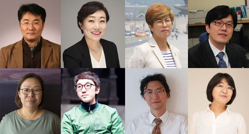 윗줄 왼쪽부터 나원준 경북대 경제통상학부 교수, 박귀천 이화여대 법학전문대학원 교수, 박진 다산인권센터 상임활동가, 송현주 한림대 미디어스쿨 교수, 아랫줄 왼쪽부터 신미희 민주언론시민연합 사무처장, 오세혁 극작가겸 연출가, 이상민 나라살림연구소 수석연구위원, 정진임 투명사회를 위한 정보공개센터 소장