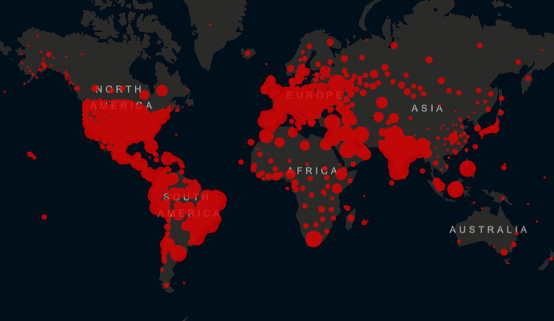 존스홉킨스대학이 29일(현지 시간) 집계하는 코로나19 전 세계 확산 분포도에서 북미지역과 유럽, 남미 지역에서 확산세가 심각함을 보여주고 있다.