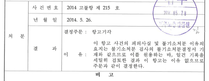 지난 2014년 5월 26일 심 검사는 발레오전장지회에서 낸 항고를 기각했다.