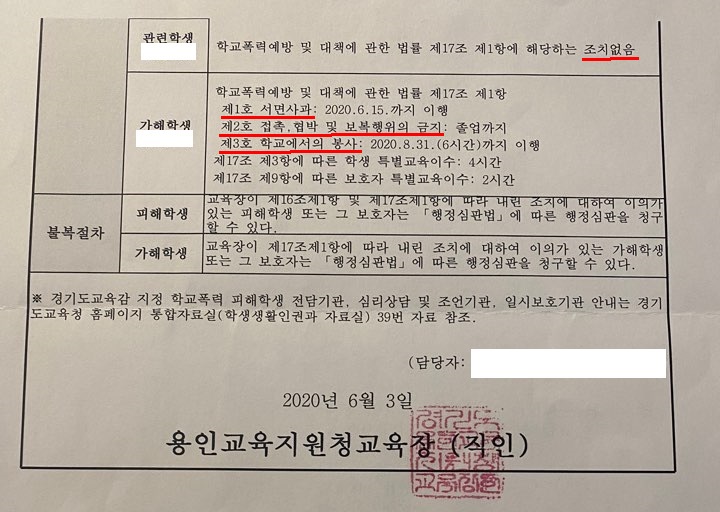 지난 1일 용인교육지원청이 주최한 학교폭력대책심의위원회에 따른 조치결정 통보서 2쪽.