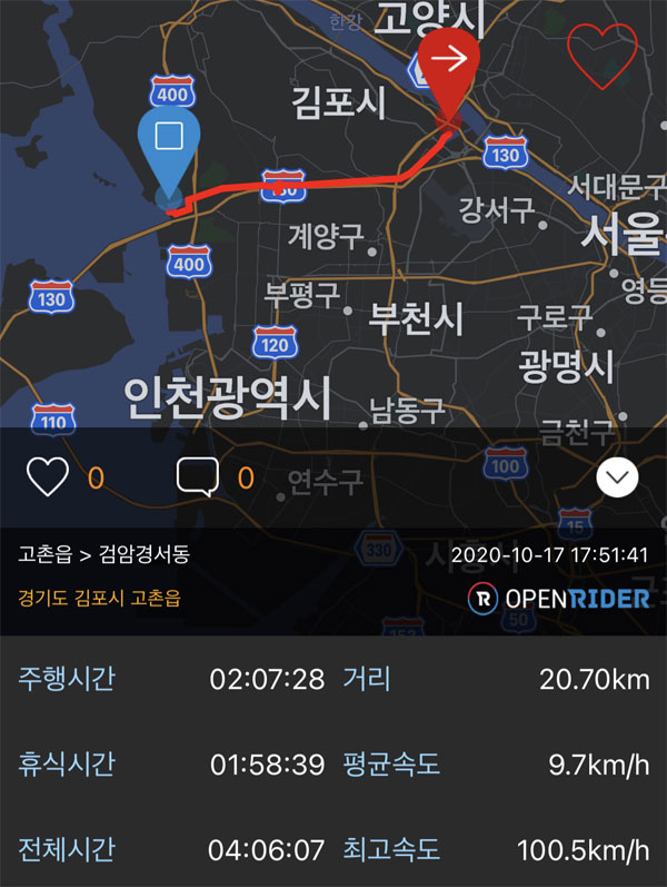 수현이는 필자와 함께 자전거로 20Km를 달렸다. 우리 두 사람이 달린 거리.