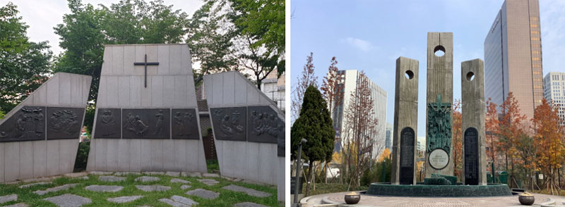 (왼쪽) 1984년에 세워진 현양탑. 현재는 약현성당에 옮겨져 있다. (오른쪽) 1999년 새로 세워진 현양탑