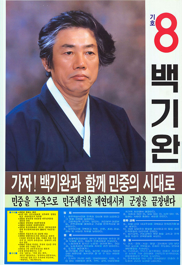 1987년, 쉰다섯 살의 백기완. 제13대 대통령선거 출마 당시 벽보, 민중후보 백기완.