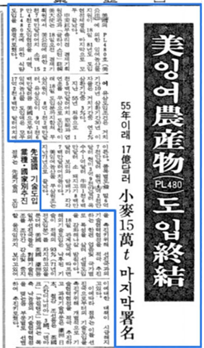 1981년 5월 18일자 동아일보의 '미국 잉여농산물 도입 종결' 기사 보도