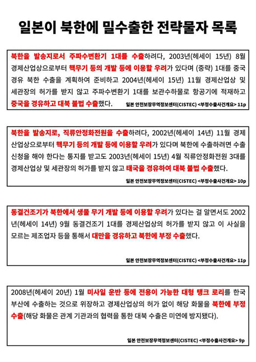 바른미래당 하태경 의원이 11일 공개한 일본 안전보장무역정보센터(CISTEC)의 ‘부정수출사건개요’ 자료.
