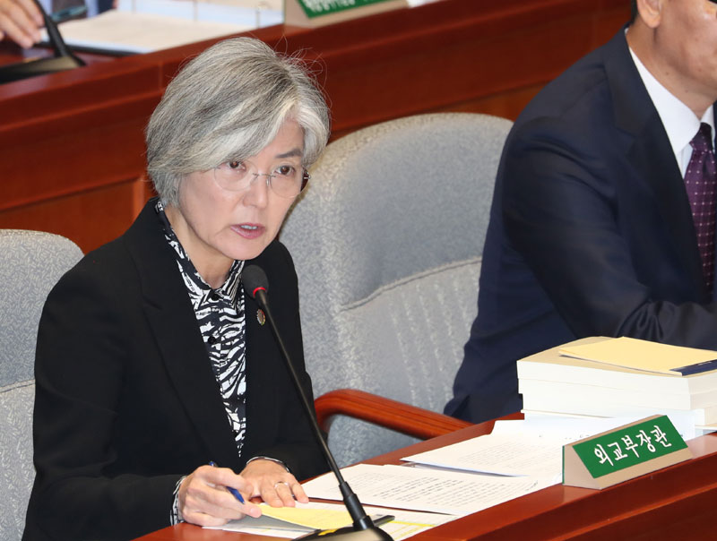 강경화 외교부 장관이 8일 서울 여의도 국회에서 2020년도 정부 예산안 등을 안건으로 열린 예산결산특별위원회 전체회의에서 의원들의 질문에 답변하고 있다.