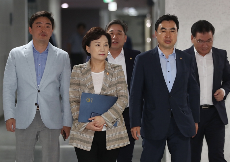 김현미 국토교통부 장관과 민주당 의원들이 12일 서울 여의도 국회 의원회관에서 열린 민간택지 분양가 상한제 당정협의에 참석하고 있다. 2019.08.12.