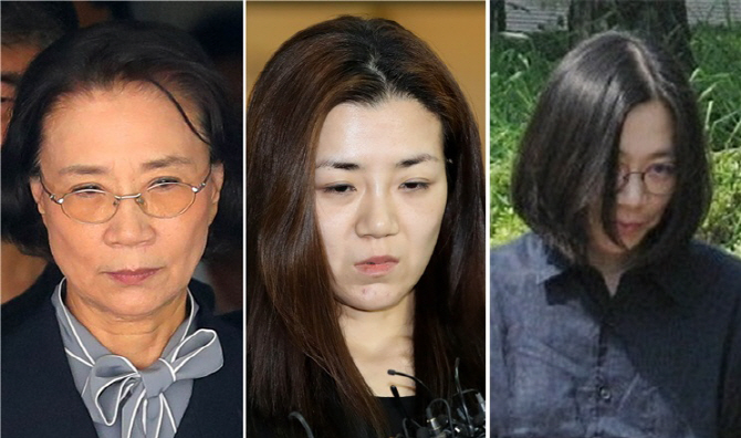 왼쪽부터 이명희 정석기업 고문, 조현민 한진칼 전무, 조현아 전 부사장