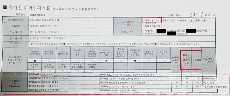 사고 전날, 안전 조치 내용을 담은 공사전 위험성 평가표