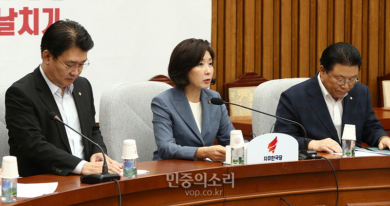자유한국당 나경원 원내대표가 30일 국회에서 열린 원내대책회의에서 모두발언하고 있다. 2019.08.30