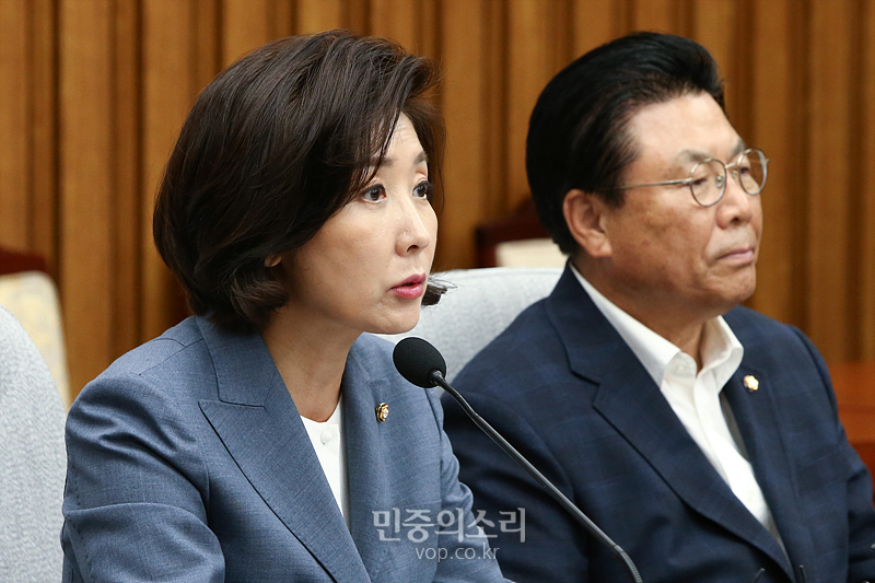 자유한국당 나경원 원내대표가 3일 국회에서 열린 원내대책회의에서 모두발언하고 있다. 2019.09.03