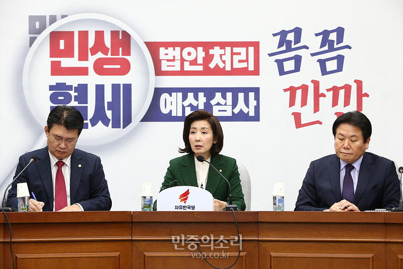 자유한국당 나경원 원내대표가 12일 국회에서 열린 원내대책회의에서 모두발언하고 있다. 2019.11.12