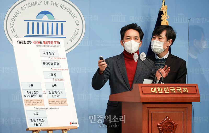 국민의힘 박민식 부산시장 예비후보가 18일 오전 서울 여의도 국회 소통관 기자회견장에서 김대중 정부 시절 국가정보원의 불법 도청을 주장하는 기자회견을 열고 있다. 오른쪽은 국민의힘 하태경 의원. 2021.02.18.