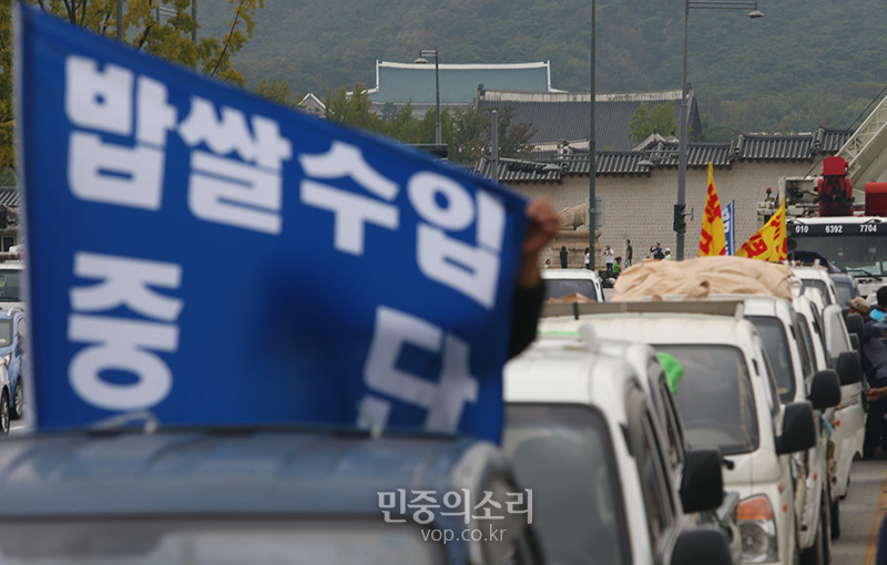 전국농민회총연맹(전농) 회원들이 10일 오후 쌀값 3천원 쟁취 밥쌀 수입 중단을 촉구 농민 결의대회에 참석하기 위해 나락을 싣은 차량들을 광화문에 주차를 하고 있다. 2017.10.10
