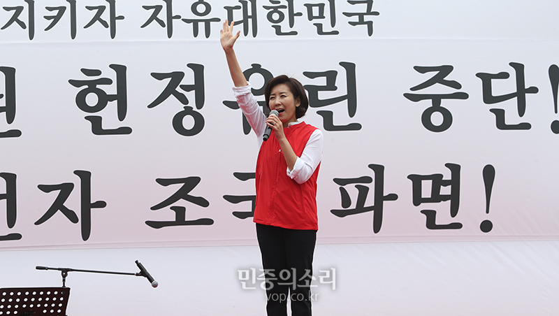 자유한국당 나경원 원내대표가 21일 오후 서울 광화문 세종문화회관에서 열린 ‘문재인 정권 헌정 유린 중단과 위선자 조국 파면 촉구’ 대규모 장외집회에서 발언을 하고 있다. 자료사진.