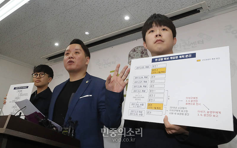 29일 오전 서울 마포구 군인권센터에서 임태훈 소장이 탄핵 정국 당시 국군기무사령부의 계엄령 문건과 관련한 추가제보 내용을 공개하고 있다. 2019.10.29