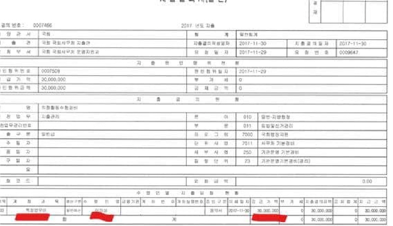 2017년 11월 30일 특정업무경비가 ‘이양성’ 명의의 개인계좌로 입금된 문서