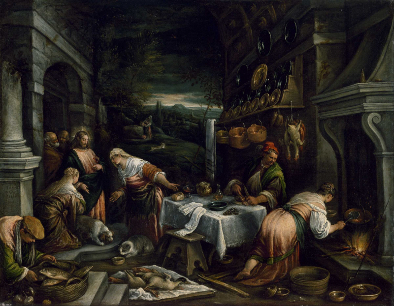 이탈리아 화가 자코포 바사노가 그린 마르다와 마리아, 나사로의 집에 계신 예수