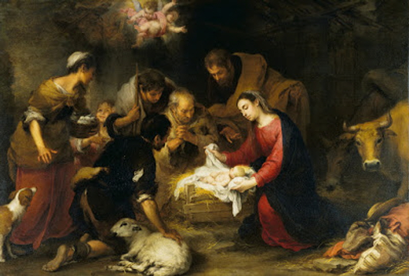 스페인 화가 바르톨로메 에스테반 무리요(Bartolomé Esteban Murillo)가 17세기에 그린 '목자의 경배'. 목자들이 아기 예수의 탄생을 축하하는 모습을 담고 있다.