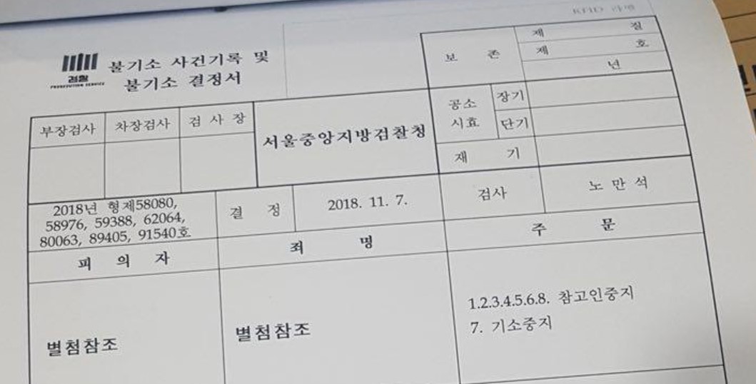 검찰이 2018. 11. 13 '기무사 계엄령' 사건 법률대리인인 법무법인 이공에 교부한 불기소이유통지 원본 사진