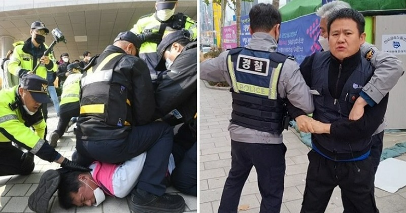 [명숙 칼럼] 노동자를 테러범으로 대하는 윤석열 경찰 사진