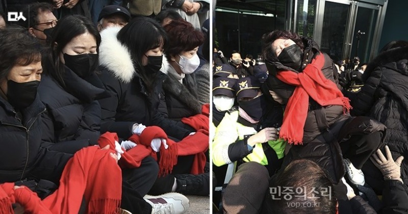 서울시 ‘분향소 강제 철거’ 막으려 목도리로 서로를 묶은 유가족들 사진