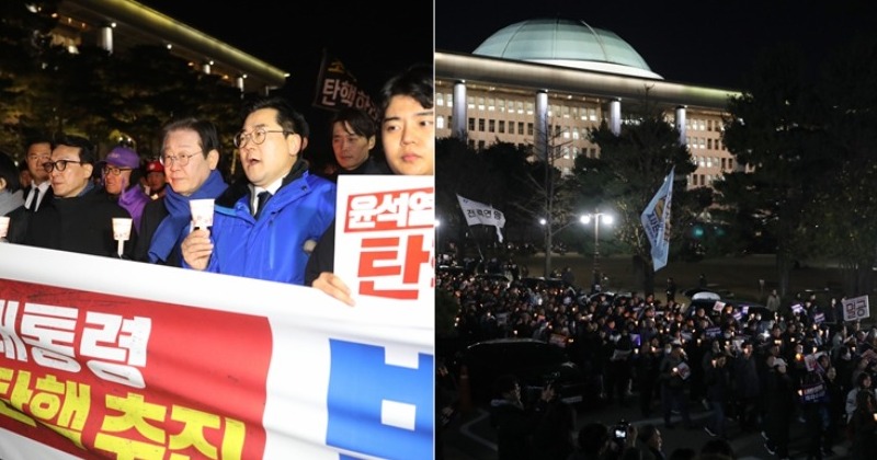 국회 채운 "나라망신 윤석열" 구호...민주당, 시민과 '탄핵 촛불' 들고 여당 압박