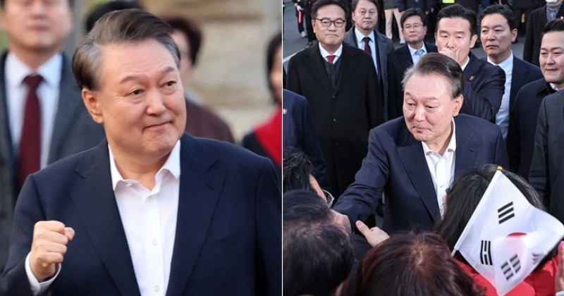 지지자와 '석방의 기쁨' 나눈 윤석열...구치소 걸어 나와 주먹 '불끈'