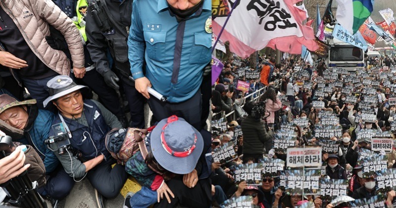 ‘윤석열 파면’ 트랙터 행진 경찰에 막히자, 다시 남태령으로 달려온 시민들